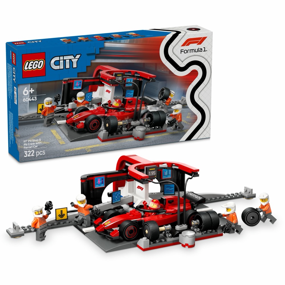 LEGO City 60443 F1 Pit stop i mechanicy z bolidem Ferrari — oryginalny zestaw klocków LEGO