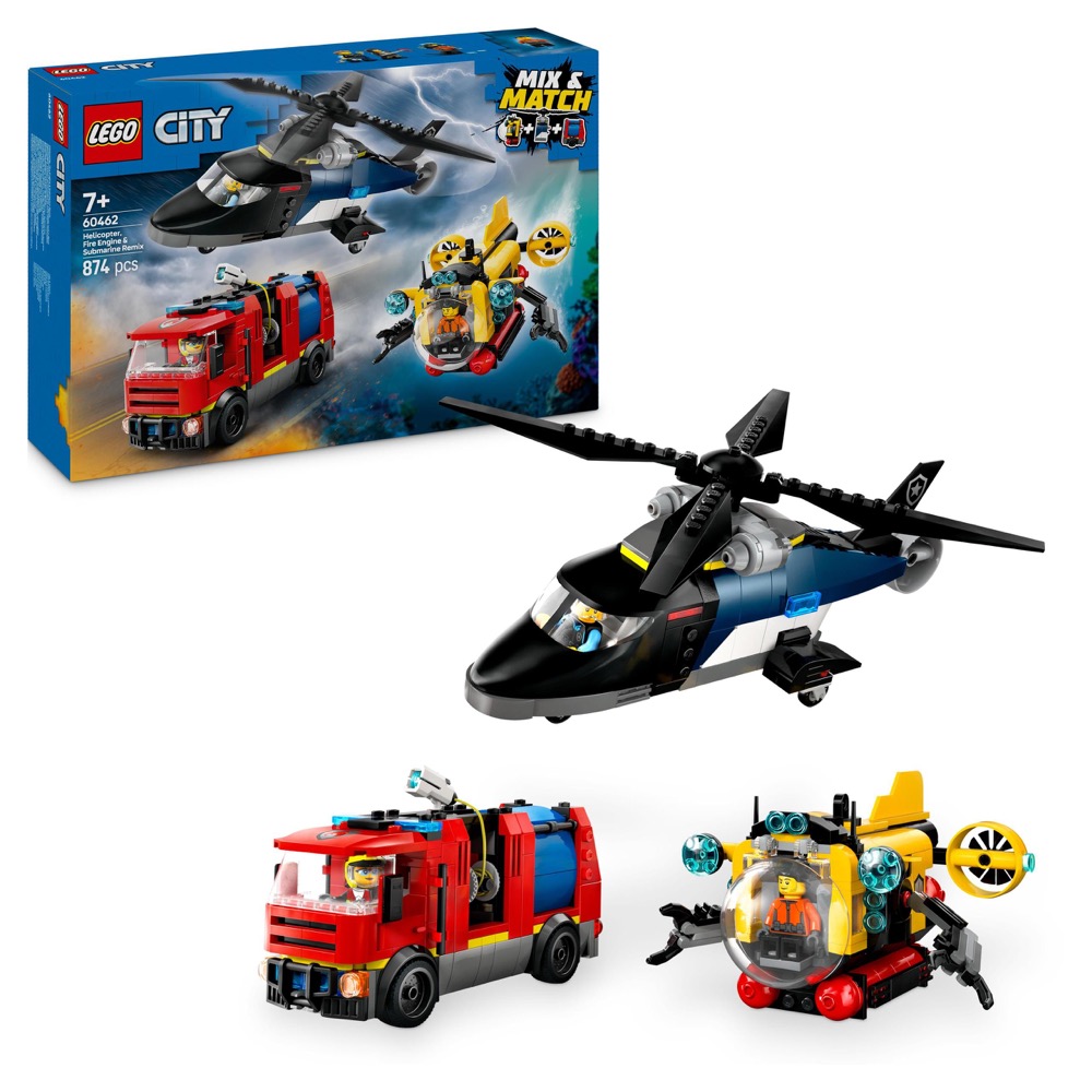 LEGO City 60462 Zestaw z helikopterem, wozem strażackim i łodzią podwodną — oryginalny zestaw klocków LEGO