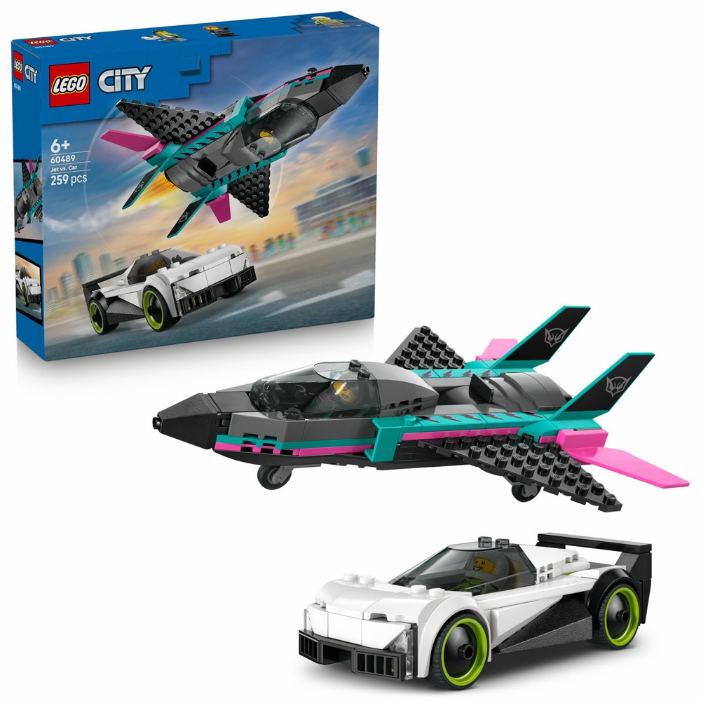 LEGO CITY 60489 Odrzutowiec kontra samochód, zestaw klocków dla dzieci +6 — oryginalny zestaw klocków LEGO