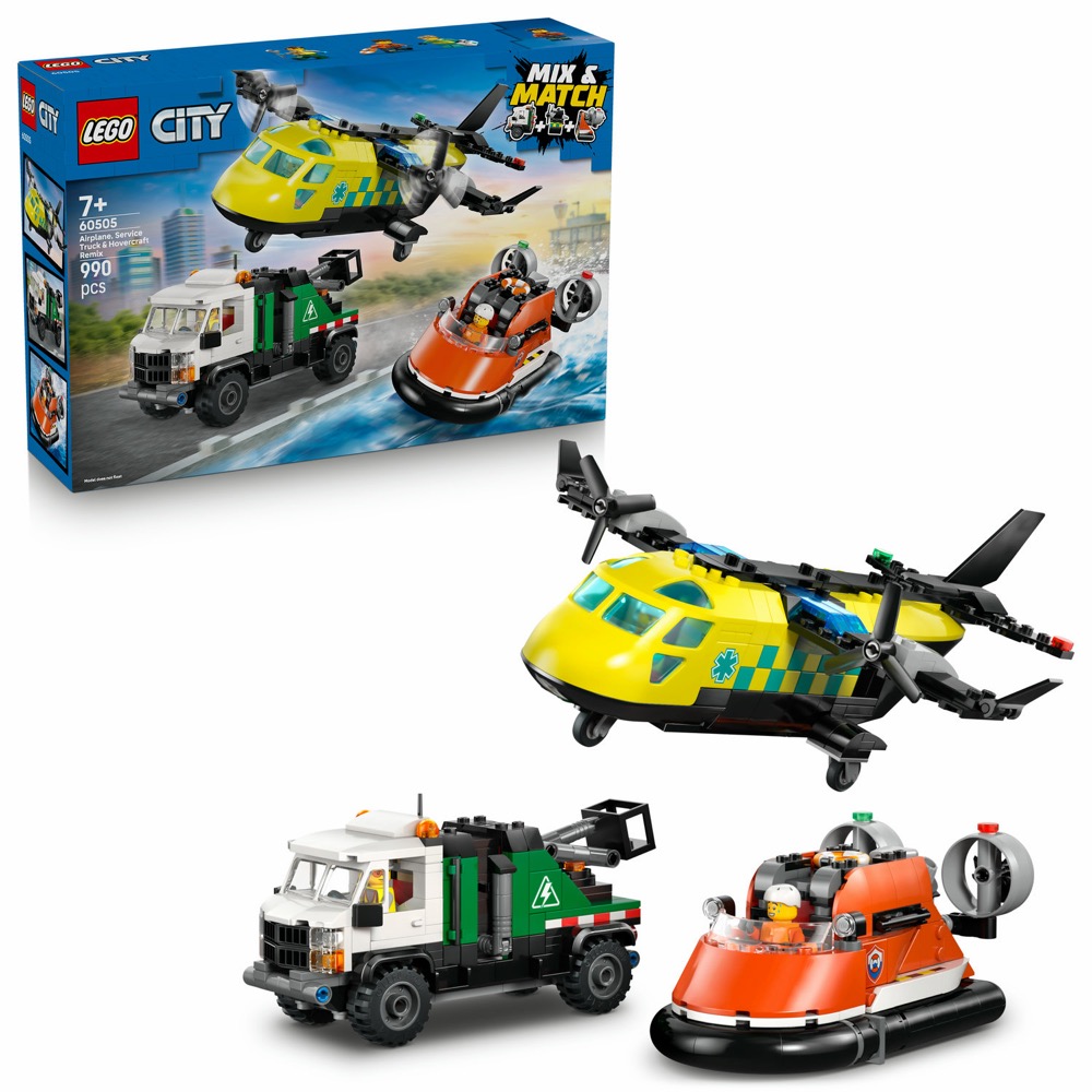 LEGO City 60505 Zestaw z samolotem, ciężarówką serwisową i poduszkowcem — oryginalny zestaw klocków LEGO