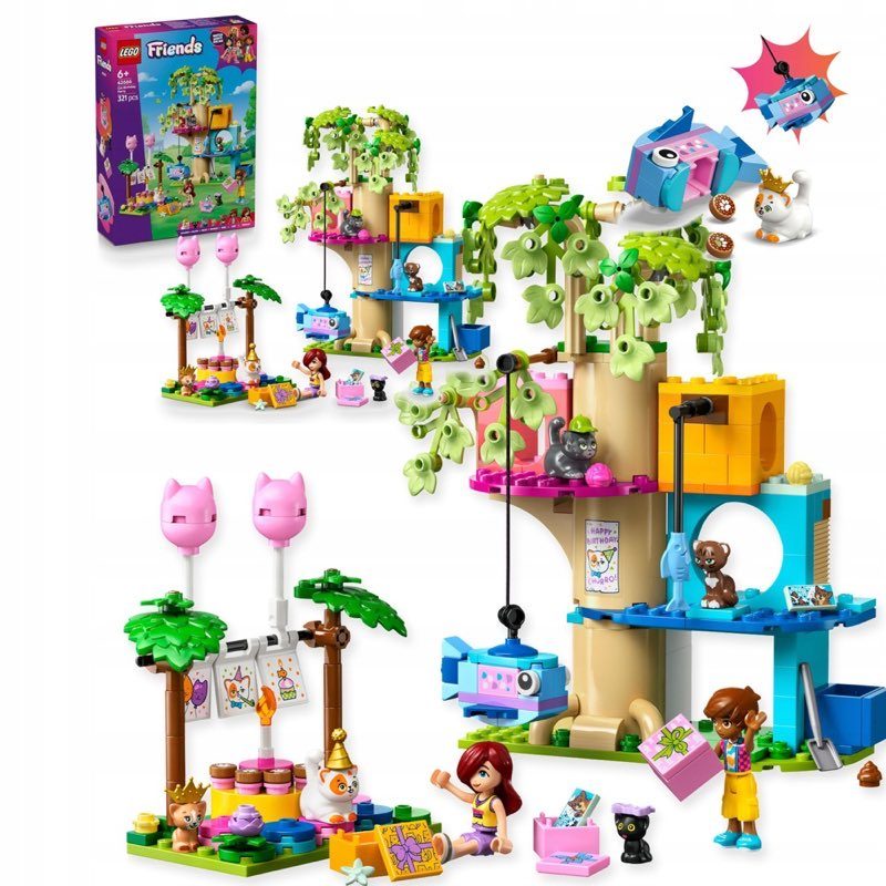 LEGO Friends 42666 Przyjęcie urodzinowe dla kota i domek na drzewie — oryginalny zestaw klocków LEGO